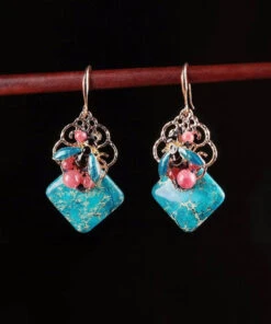 Retro Blue Copper Cloisonne Jade Bee Drop Earrings LY2281