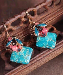 Retro Blue Copper Cloisonne Jade Bee Drop Earrings LY2281 -Ada Fashion Retro Blue Copper Cloisonne Jade Bee Drop Earrings4