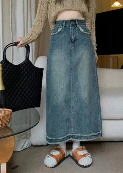 Retro Blue Patchwork Button Long Skirts Summer LY7923 -Ada Fashion Retro Blue Patchwork Button Long Skirts Summer Ada Fashion 143889730