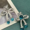 Retro Blue Sterling Silver CrystalColoured Glaze Bow Stud Earrings DF1009