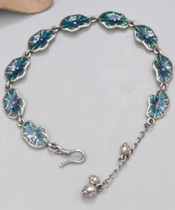 Retro Blue Sterling Silver Oil Drip Lotus Chain Bracelet ML0281