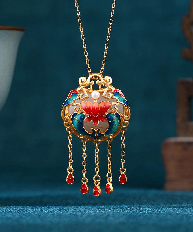 Retro Colorblock Sterling Silver Overgild Jade Enamel Every Year There Is Fish Tassel Pendant Necklace KX1079 3 Retro Colorblock Sterling Silver Overgild Jade Enamel Every Year There Is Fish Tassel Pendant Necklace KX1079