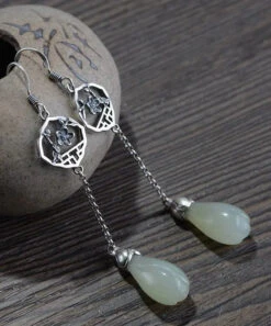 Retro Cyan Sterling Silver Jade Plum Blossom Drop Earrings LY8624 -Ada Fashion Retro Cyan Sterling Silver Jade Plum Blossom Drop Earrings Ada Fashion 150931818