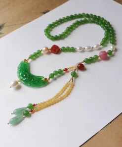 Retro Green Jade Agate Pearl Coloured Glaze Tassel Pendant Necklace KX1027 -Ada Fashion Retro Green Jade Agate Pearl Coloured Glaze Tassel Pendant Necklace4