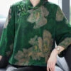 Retro Green Print Chinese Button Silk Blouses Flare Sleeve LY3718 -Ada Fashion Retro Green Print Chinese Button Silk Blouses Flare Sleeve1