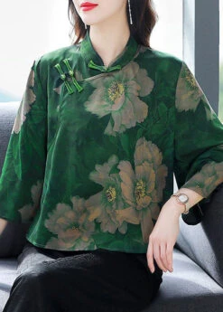 Retro Green Print Chinese Button Silk Blouses Flare Sleeve LY3718