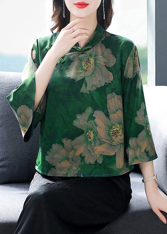Retro Green Print Chinese Button Silk Blouses Flare Sleeve LY3718 5 Retro Green Print Chinese Button Silk Blouses Flare Sleeve LY3718 - Image 3