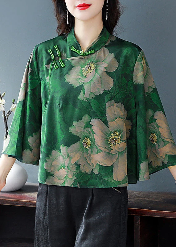 Retro Green Print Chinese Button Silk Blouses Flare Sleeve LY3718 6 Retro Green Print Chinese Button Silk Blouses Flare Sleeve LY3718 - Image 4