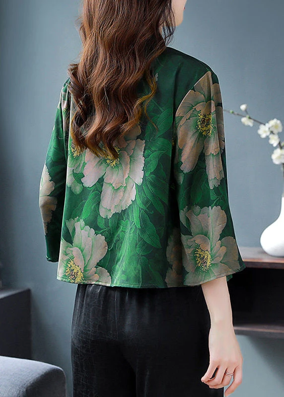 Retro Green Print Chinese Button Silk Blouses Flare Sleeve LY3718 7 Retro Green Print Chinese Button Silk Blouses Flare Sleeve LY3718 - Image 5