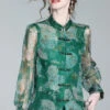 Retro Green Print Patchwork Zircon Chinese Button Silk Blouse Top Spring LY0151 -Ada Fashion Retro Green Print Patchwork Zircon Chinese Button Silk Blouse Top Spring1