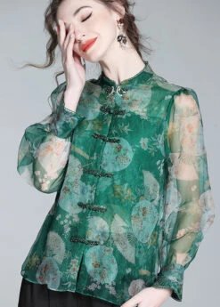 Retro Green Print Patchwork Zircon Chinese Button Silk Blouse Top Spring LY0151 -Ada Fashion Retro Green Print Patchwork Zircon Chinese Button Silk Blouse Top Spring4