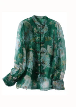 Retro Green Print Patchwork Zircon Chinese Button Silk Blouse Top Spring LY0151 -Ada Fashion Retro Green Print Patchwork Zircon Chinese Button Silk Blouse Top Spring5