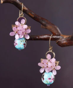 Retro Light Purple 24K Gold Coloured Glaze Synthetic Flower Drop Earrings LY2205