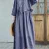 Retro Navy V Neck Patchwork Solid Linen Top And Maxi Skirts Two Pieces Set Summer LY2962