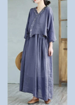 Retro Navy V Neck Patchwork Solid Linen Top And Maxi Skirts Two Pieces Set Summer LY2962 -Ada Fashion Retro Navy V Neck Patchwork Solid Linen Top And Maxi Skirts Two Pieces Set Summer4