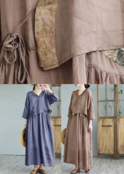 Retro Navy V Neck Patchwork Solid Linen Top And Maxi Skirts Two Pieces Set Summer LY2962 -Ada Fashion Retro Navy V Neck Patchwork Solid Linen Top And Maxi Skirts Two Pieces Set Summer5
