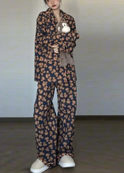 Retro Peter Pan Collar Print Button Pajamas Two Piece Set Spring TO1002