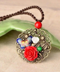 Retro Red Floral Butterfly Hollow Out Metal Pendant Necklace LY9190