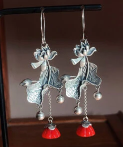 Retro Red Sterling Silver Lotus Tassel Drop Earrings LY2052