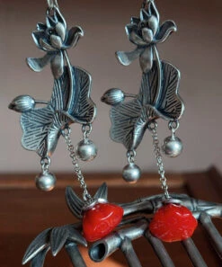 Retro Red Sterling Silver Lotus Tassel Drop Earrings LY2052 -Ada Fashion Retro Red Sterling Silver Lotus Tassel Drop Earrings5