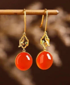 Retro Red Sterling Silver Overgild Inlaid Gem Stone Drop Earrings LY8982