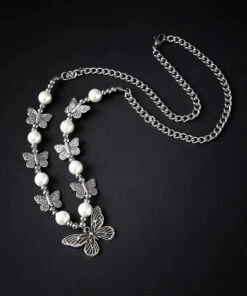Retro Silk Stainless Steel Pearl Butterfly Pendant Necklace ML1382