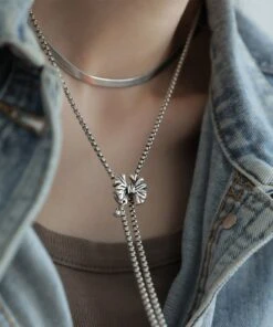 Retro Silk Sterling Silver Bow Tassel Pendant Necklace GH1072 -Ada Fashion Retro Silk Sterling Silver Bow Tassel Pendant Necklace4