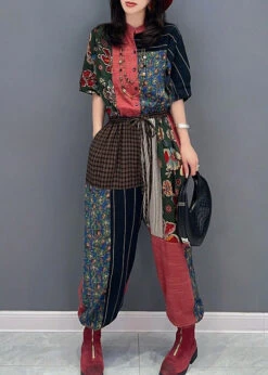 Retro Stand Collar Print Drawstring Tie Waist Linen Jumpsuits Short Sleeve LY4372