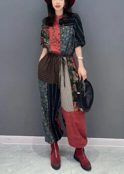 Retro Stand Collar Print Drawstring Tie Waist Linen Jumpsuits Short Sleeve LY4372 -Ada Fashion Retro Stand Collar Print Drawstring Tie Waist Linen Jumpsuits Short Sleeve3