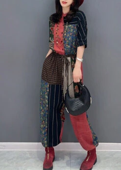 Retro Stand Collar Print Drawstring Tie Waist Linen Jumpsuits Short Sleeve LY4372 -Ada Fashion Retro Stand Collar Print Drawstring Tie Waist Linen Jumpsuits Short Sleeve4