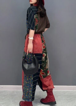 Retro Stand Collar Print Drawstring Tie Waist Linen Jumpsuits Short Sleeve LY4372 -Ada Fashion Retro Stand Collar Print Drawstring Tie Waist Linen Jumpsuits Short Sleeve5