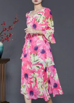 Silm Fit Pink V Neck Print Chiffon Long Dress Flare Sleeve SD1057 -Ada Fashion Silm Fit Pink V Neck Print Chiffon Long Dress Flare Sleeve3