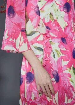 Silm Fit Pink V Neck Print Chiffon Long Dress Flare Sleeve SD1057 -Ada Fashion Silm Fit Pink V Neck Print Chiffon Long Dress Flare Sleeve5