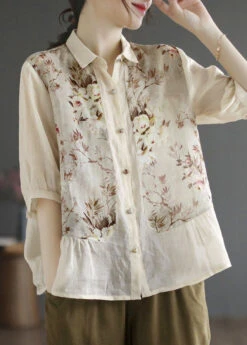 Simple Apricot Peter Pan Collar Print Linen Blouse Top Summer LY0208
