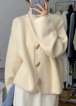 Simple Beige V Neck ButtonKnitting Cotton Coats Fall ML3230