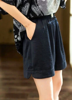 Simple Black Pockets Elastic Waist Patchwork Cotton Shorts Summer LY8586