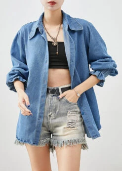 Ada Fashion -Ada Fashion Simple Blue Peter Pan Collar Denim Coats Petal Sleeve2