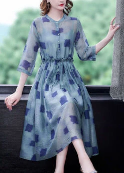 Simple Blue Ruffled Print Silk Cinched Dresses Two Piece Set Bracelet Sleeve LY0511