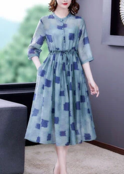 Simple Blue Ruffled Print Silk Cinched Dresses Two Piece Set Bracelet Sleeve LY0511 -Ada Fashion Simple Blue Ruffled Print Silk Cinched Dresses Two Piece Set Bracelet Sleeve3
