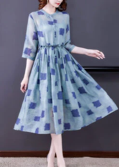 Simple Blue Ruffled Print Silk Cinched Dresses Two Piece Set Bracelet Sleeve LY0511 -Ada Fashion Simple Blue Ruffled Print Silk Cinched Dresses Two Piece Set Bracelet Sleeve4