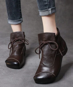 Simple Brown Cowhide Leather Boots Lace Up Splicing Ankle Boots LC0518