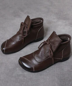 Simple Brown Cowhide Leather Boots Lace Up Splicing Ankle Boots LC0518 -Ada Fashion Simple Brown Cowhide Leather Boots Lace Up Splicing Ankle Boots4