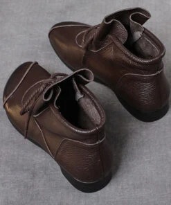 Simple Brown Cowhide Leather Boots Lace Up Splicing Ankle Boots LC0518 -Ada Fashion Simple Brown Cowhide Leather Boots Lace Up Splicing Ankle Boots5