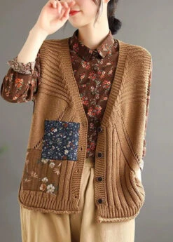 Simple Brown V Neck Button Hollow Out Cotton Knit Waistcoat Sleeveless ML3358