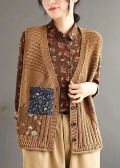 Simple Brown V Neck Button Hollow Out Cotton Knit Waistcoat Sleeveless ML3358 -Ada Fashion Simple Brown V Neck Button Hollow Out Cotton Knit Waistcoat Sleeveless Ada Fashion 171635786