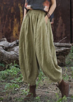 Simple Green Pockets Elastic Waist Linen Crop Pants Fall ML2339