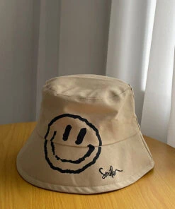 Simple Khaki Graphic Embroidery Patchwork Smiling Face Bucket Hat LY514 -Ada Fashion Simple Khaki Graphic Embroidery Patchwork Smiling Face Bucket Hat4