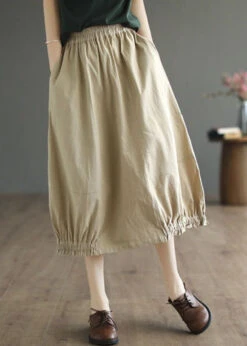 Simple Khaki Wrinkled Pockets Elastic Waist Patchwork Cotton Skirts Spring LY4045 -Ada Fashion Simple Khaki Wrinkled Pockets Elastic Waist Patchwork Cotton Skirts Spring2