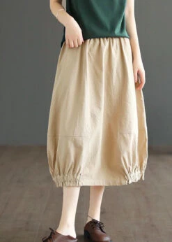 Simple Khaki Wrinkled Pockets Elastic Waist Patchwork Cotton Skirts Spring LY4045 -Ada Fashion Simple Khaki Wrinkled Pockets Elastic Waist Patchwork Cotton Skirts Spring3