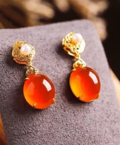 Simple Red 18K Gold Inlaid Jade Agate Drop Earrings LY9214